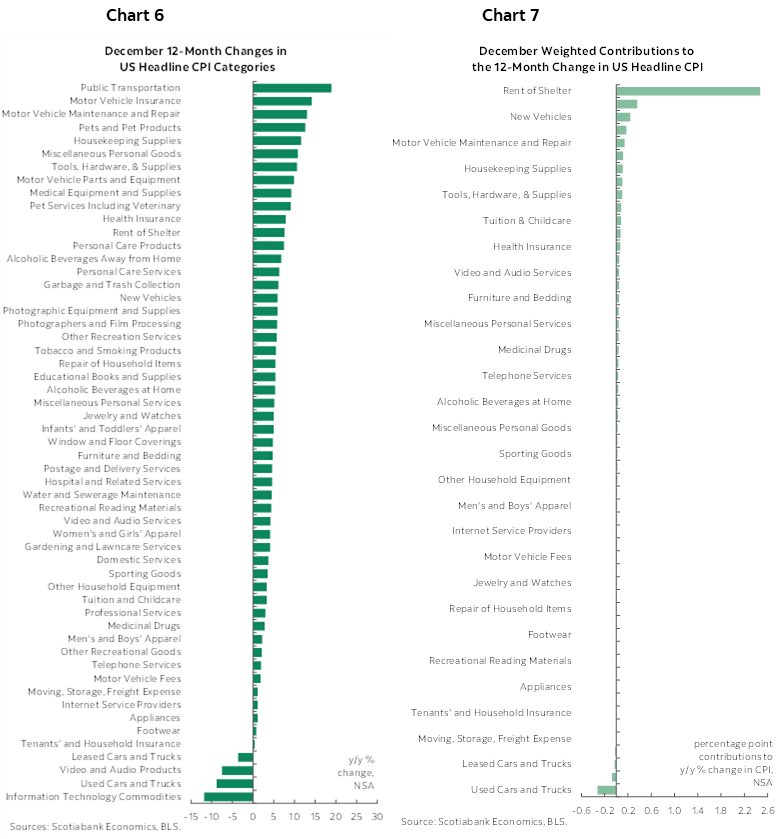 Chart 6: December 12-Month Changes in US Headline CPI Categories; Chart 7: December Weighted Contributions to the 12-Month Change in US Headline CPI
