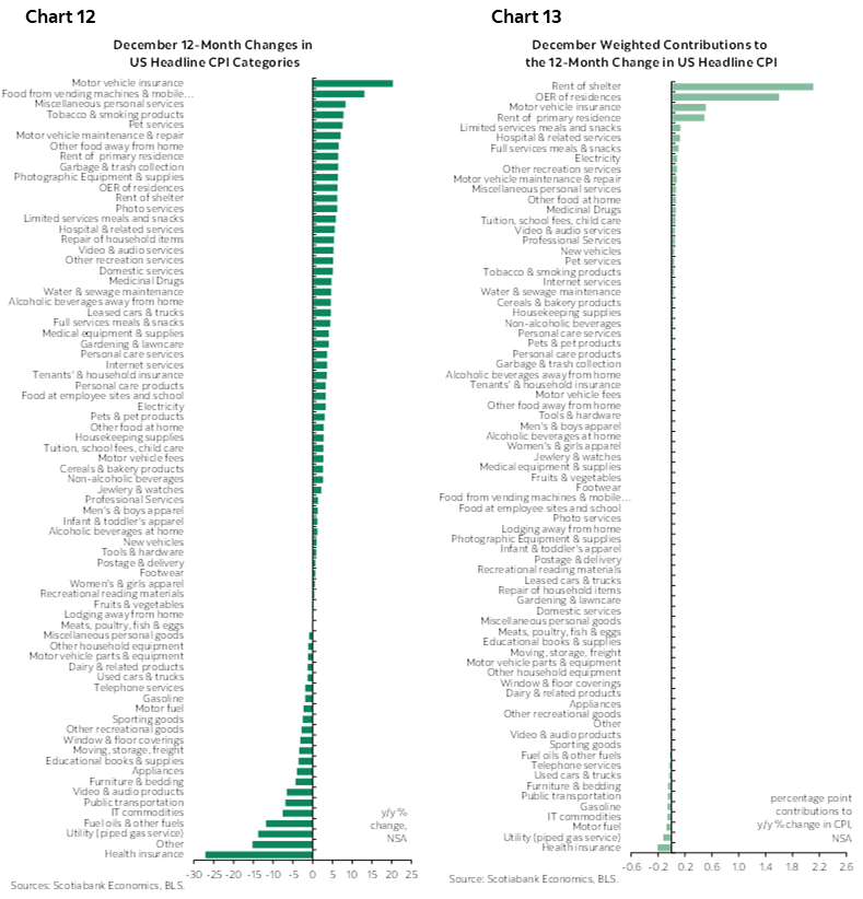 Chart 12: December 12-Month Changes in US Headline CPI Categories; Chart 13: December Weighted Contributions to the 12-Month Change in US Headline CPI 