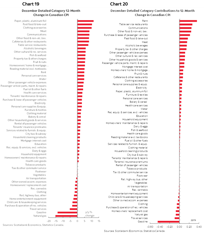 Chart 19: December Detailed Category 12-Month Change in Canadian CPI; Chart 20: December Detailed Category Contributions to 12-Month Change in Canadian CPI 