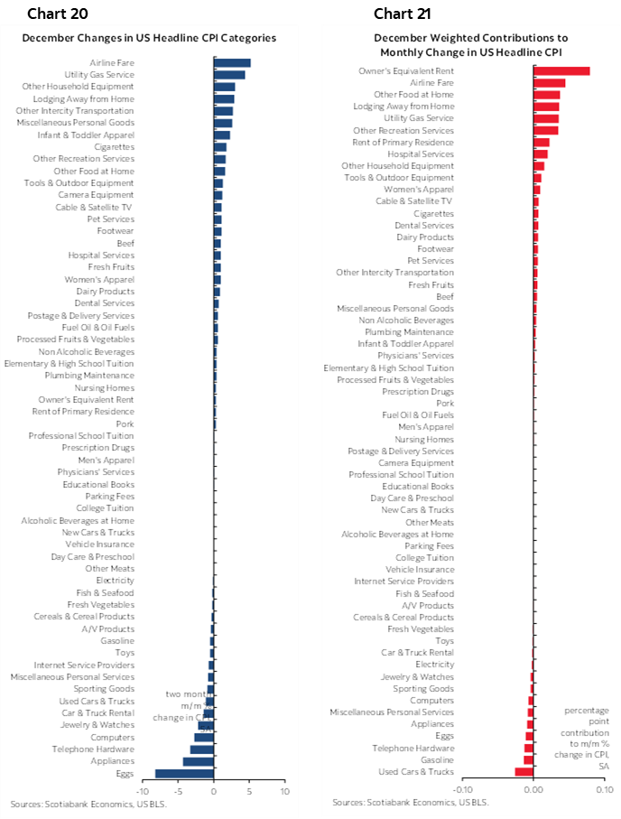 Chart 20: December Changes in US Headline CPI Categories; Chart 21: December Weighted Contributions to Monthly Change in US Headline CPI  