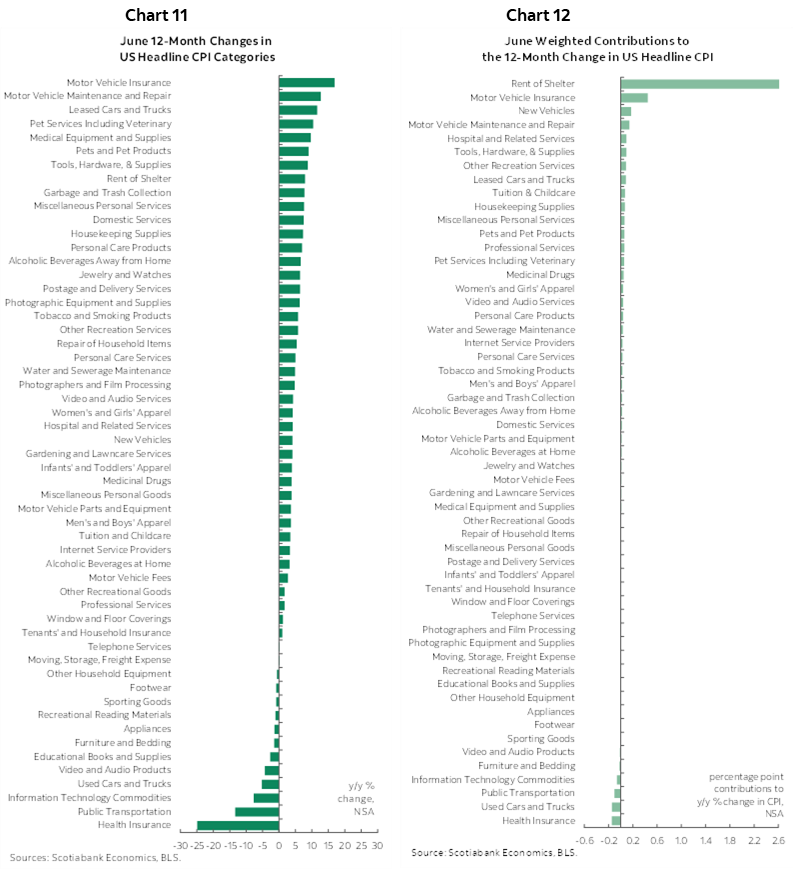 Chart 11: June 12-Month Changes in US Headline CPI Categories; Chart 12: June Weighted Contributions to the 12-Month Change in US Headline CPI