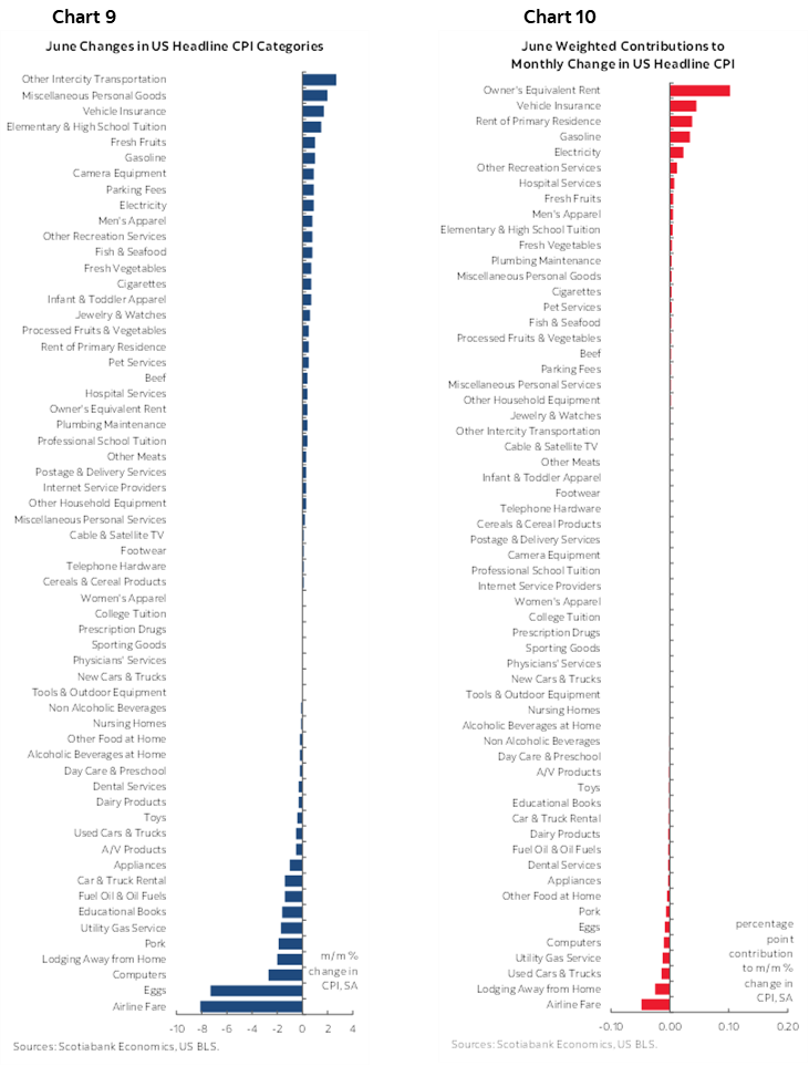 Chart 9: June Changes in US Headline CPI Categories; Chart 10: June Weighted Contributions to Monthly Change in US Headline CPI