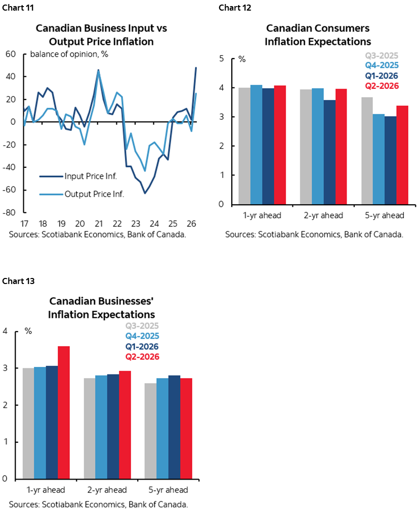 Chart 11: Canadian Business Input vs Output Price Inflation; Chart 12: Canadian Consumers Inflation Expectations; Chart 13: Canadian Businesses' Inflation Expectations