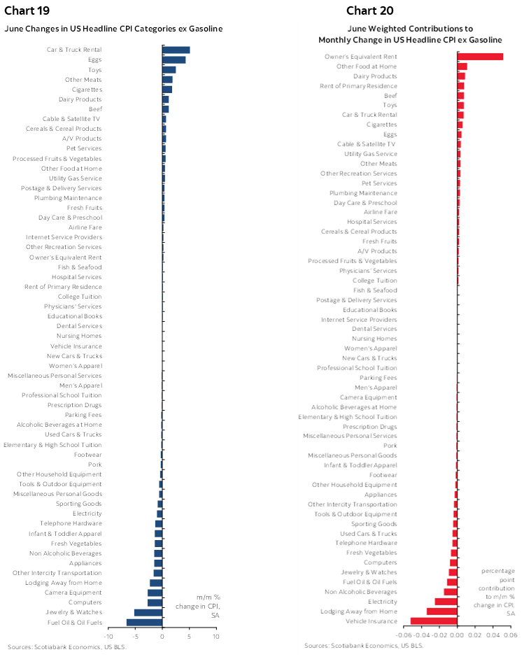 Chart 19: June Changes in US Headline CPI Categories ex Gasoline; Chart 20: June Weighted Contributions to Monthly Change in US Headline CPI ex Gasoline