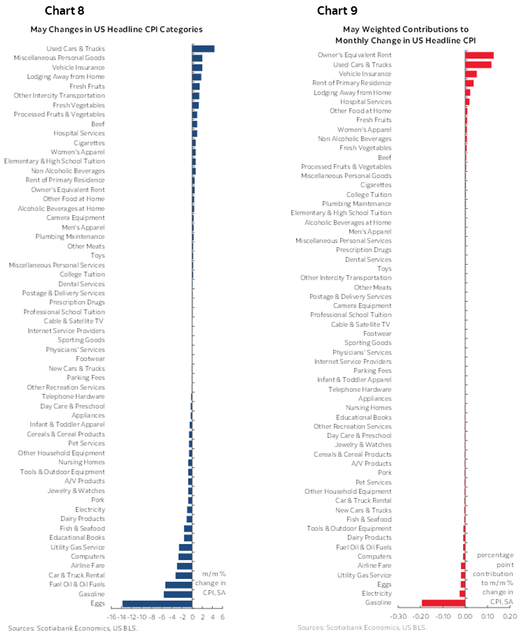 Chart 8: May Changes in US Headline CPI Categories; Chart 9: May Weighted Contributions to Monthly Change in US Headline CPI
