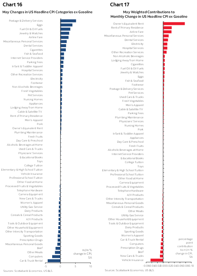 Chart 16: May Changes in US Headline CPI Categories ex Gasoline; Chart 17: May Weighted Contributions to Monthly Change in US Headline CPI ex Gasoline 