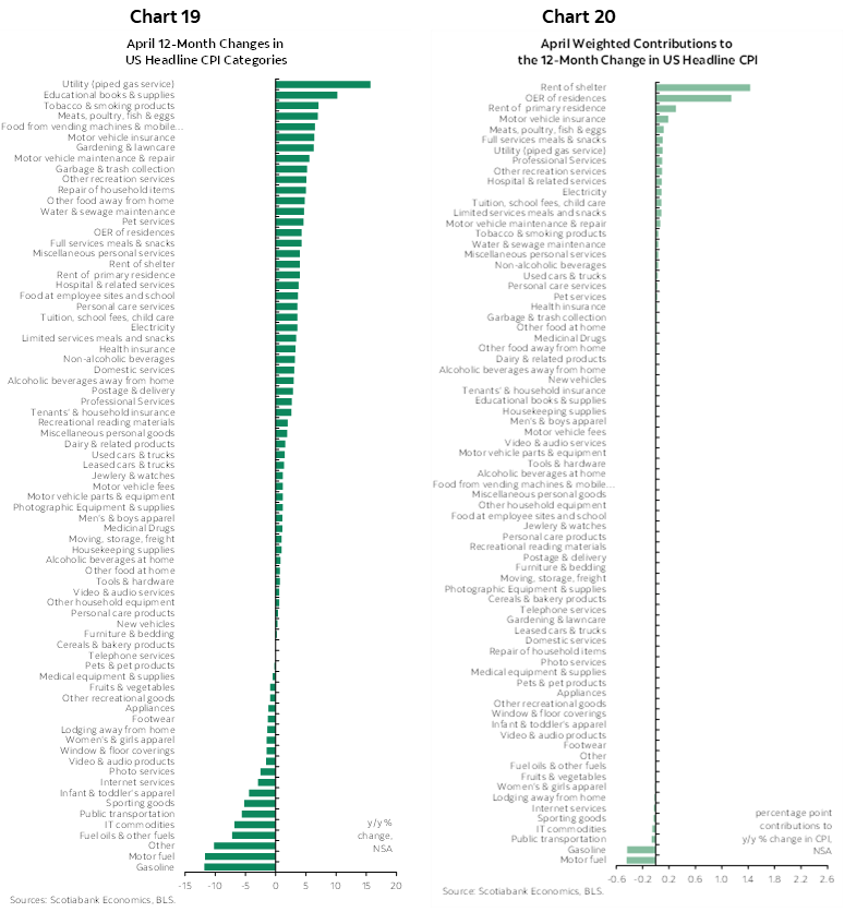 Chart 19: April 12-Month Changes in US Headline CPI Categories; Chart 20: April Weighted Contributions to the 12-Month Change in US Headline CPI