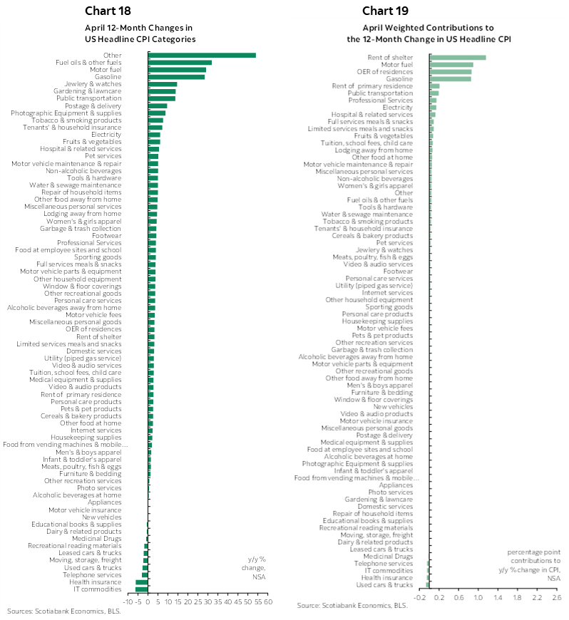 Chart 18: April 12-Month Changes in US Headline CPI Categories; Chart 19: April Weighted Contributions to the 12-Month Change in US Headline CPI