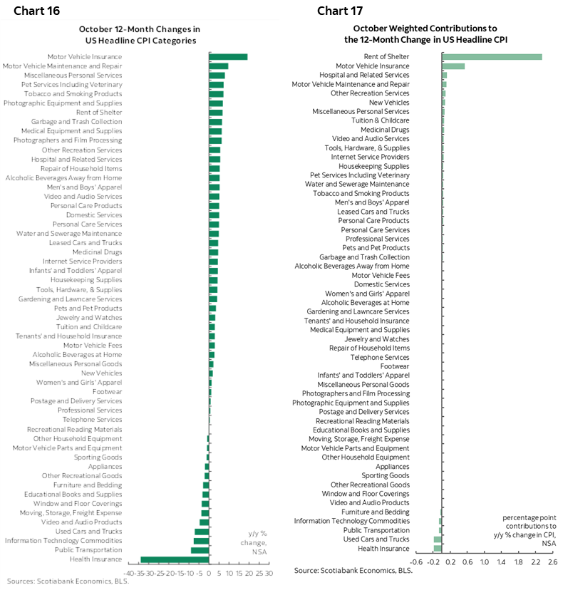 Chart 16: October 12-Month Changes in US Headline CPI Categories; Chart 17: October Weighted Contributions to the 12-Month Change in US Headline CPI