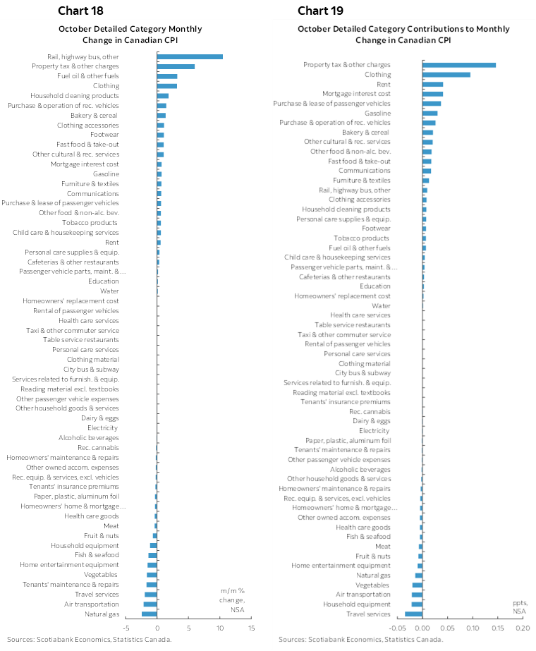 Chart 18: October Detailed Category Monthly Change in Canadian CPI; Chart 19: October Detailed Category Contributions to Monthly Change in Canadian CPI