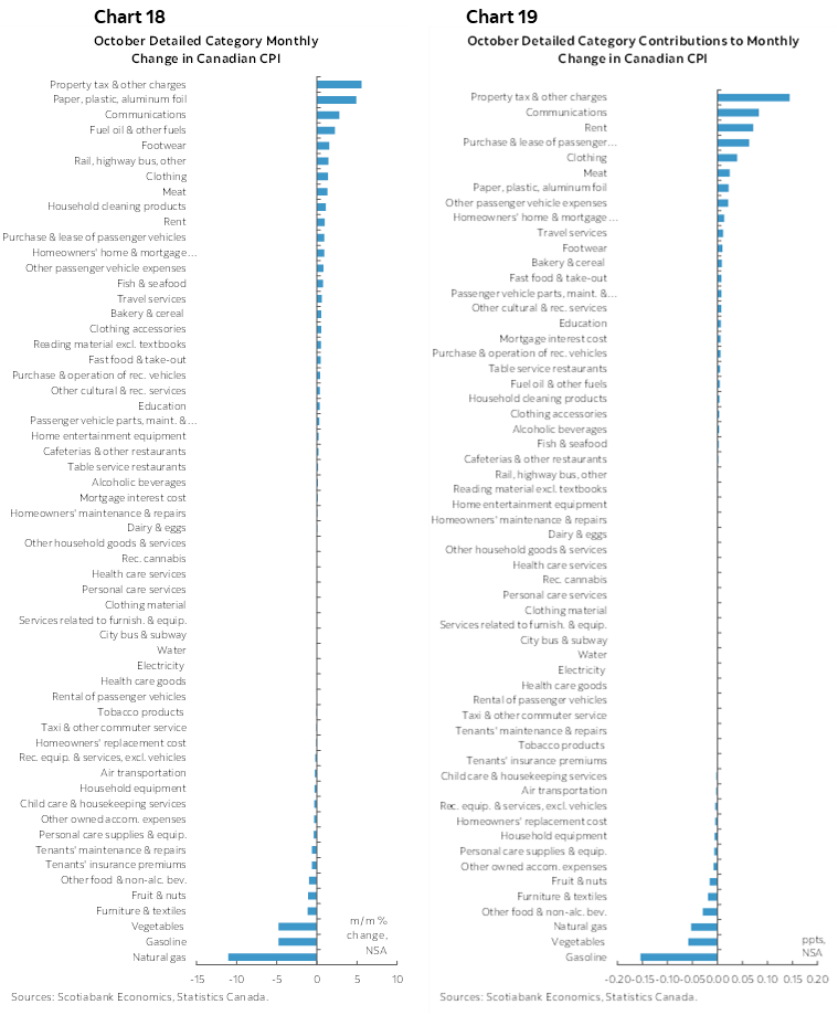 Chart 18: October Detailed Category Monthly Change in Canadian CPI; Chart 19: October Detailed Category Contributions to Monthly Change in Canadian CPI 
