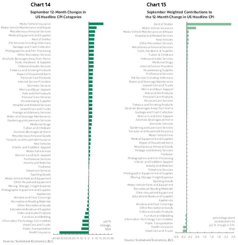 Chart 14: September 12-Month Changes in US Headline CPI Categories; Chart 15: September Weighted Contributions to the 12-Month Change in US Headline CPI
