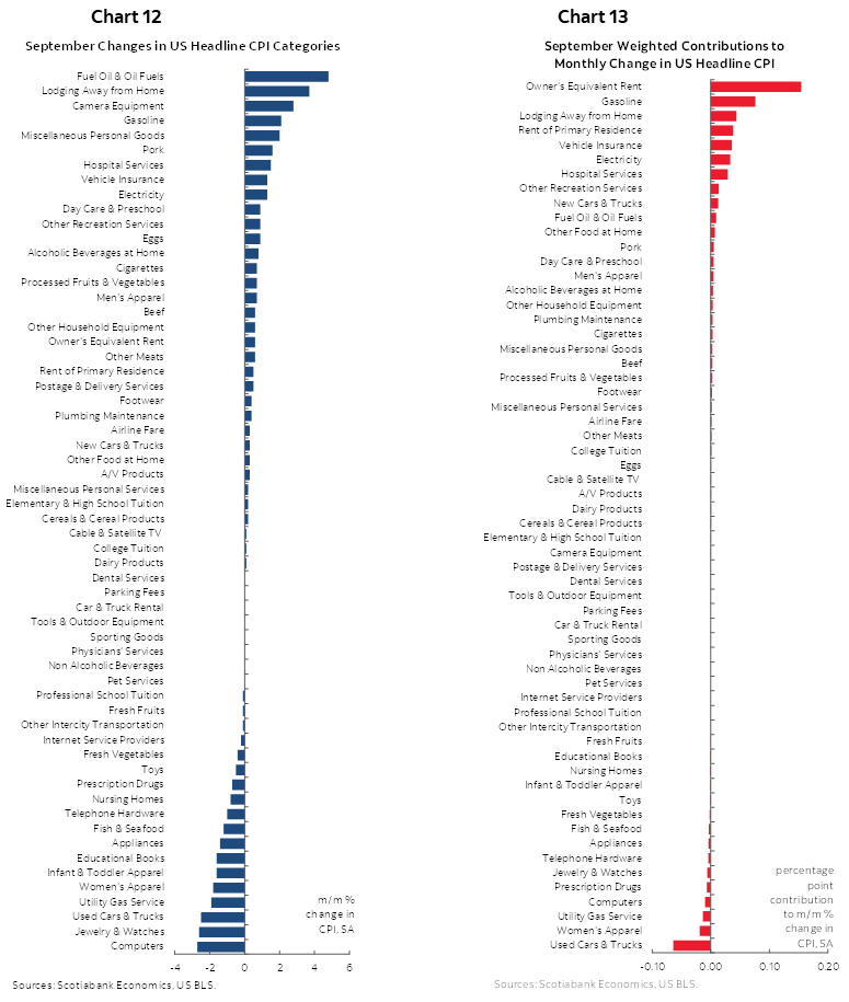 Chart 12: September Changes in US Headline CPI Categories; Chart 13: September Weighted Contributions to Monthly Change in US Headline CPI