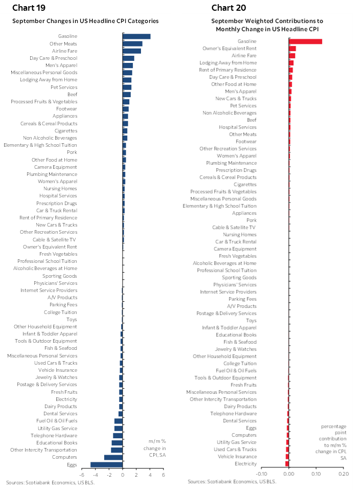 Chart 19: September Changes in US Headline CPI Categories; Chart 20: September Weighted Contributions to Monthly Change in US Headline CPI