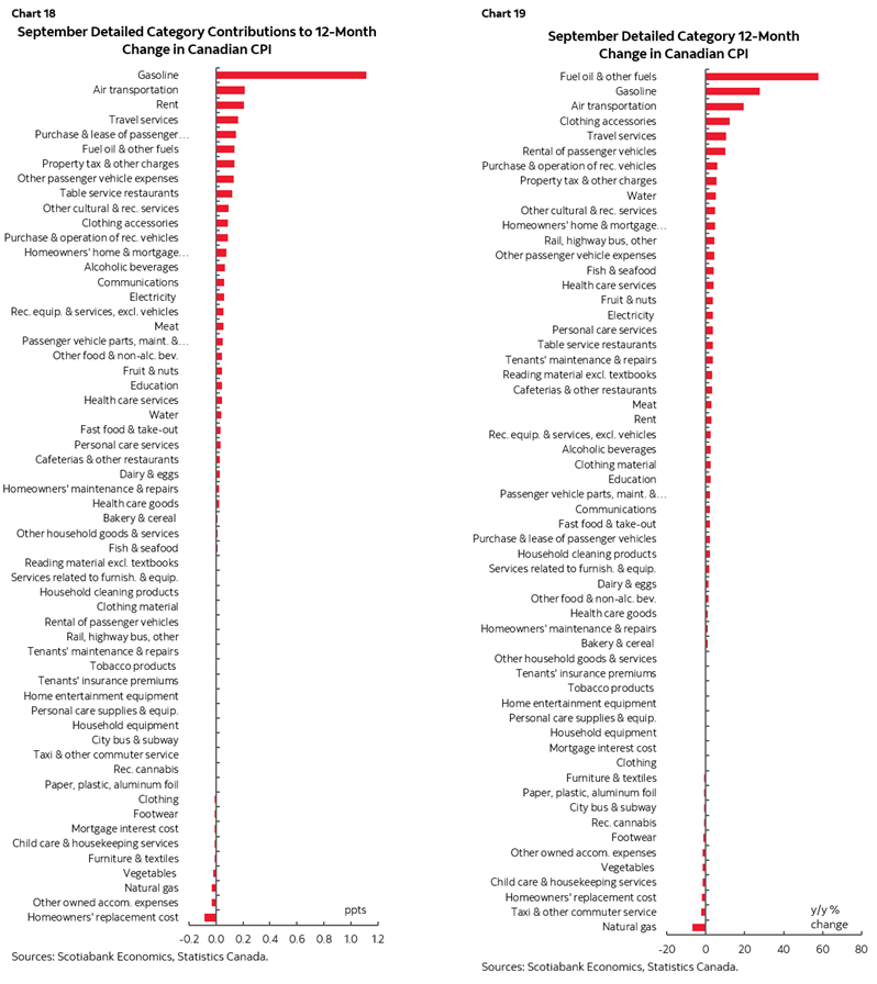 Chart 18: September Detailed Category Contributions to 12-Month Change in Canadian CPI; Chart 19: September Detailed Category 12-Month Change in Canadian CPI 