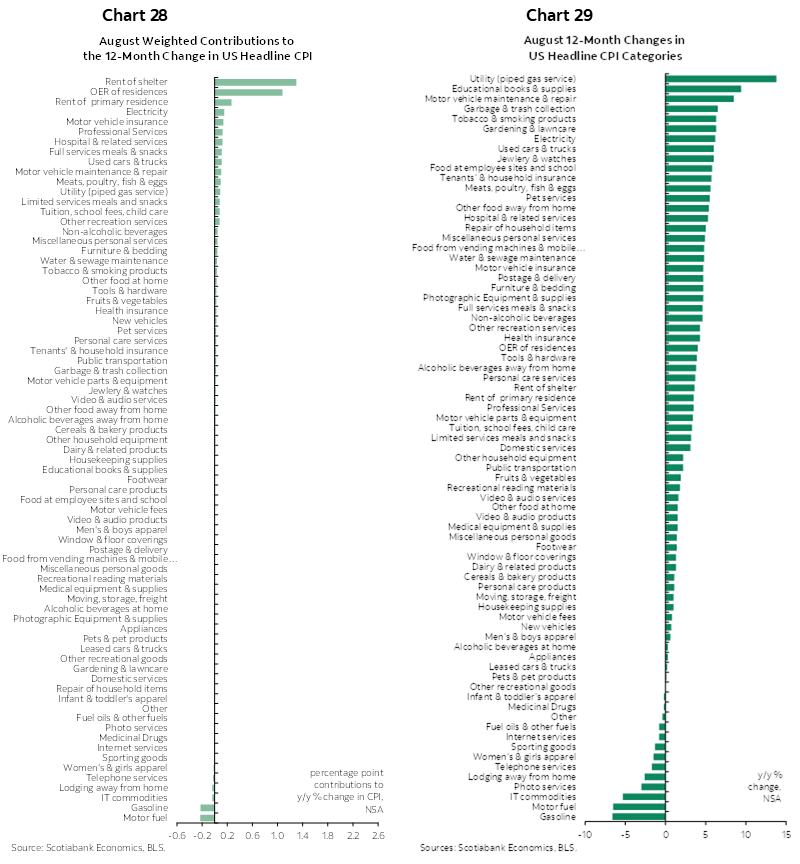 Chart 28: August Weighted Contributions to the 12-Month Change in US Headline CPI; Chart 29: August 12-Month Changes in US Headline CPI Categories