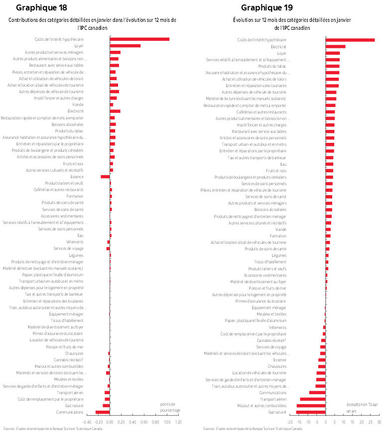 Graphique 18: Contributions des catégories détaillées en janvier dans l'évolution sur 12 mois de l'IPC canadien; Graphique 19 : Évolution sur 12 mois des catégories détaillées en janvier de l'IPC canadien