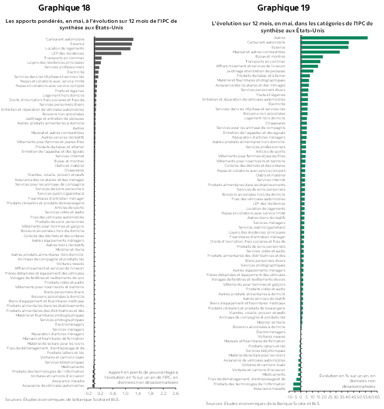 Graphique 18 : Les apports pondérés, en mai, à l'évolution sur 12 mois de l'IPC de synthèse aux États-Unis; Graphique 19 : L'évolution sur 12 mois, en mai, dans les catégories de l'IPC de synthèse aux États-Unis