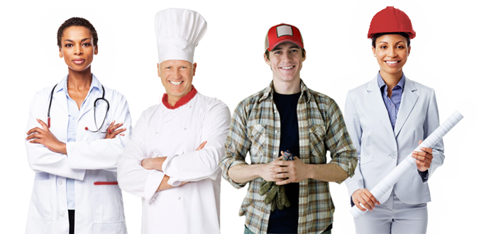 Decorative banner of a doctor, baker, plumber and construction worker