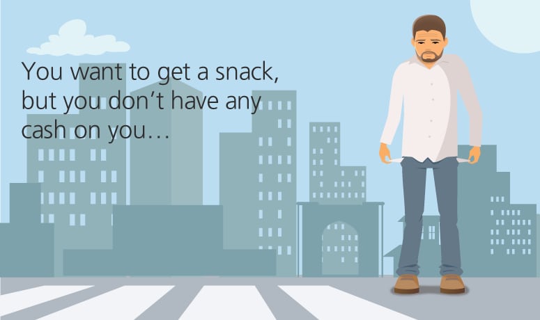 You want to get a snack, but you don't have any cash on you...